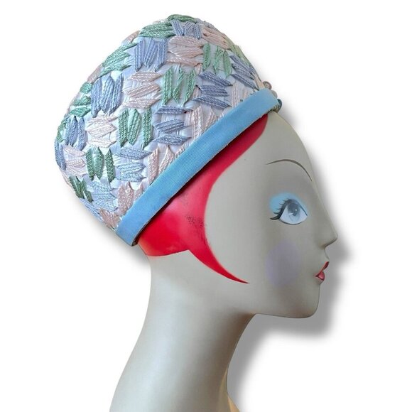 Vintage 1960s Womens Dress Hat Raffia Ribbon Woven Pastels Easter Wedding Derby - Picture 11 of 16